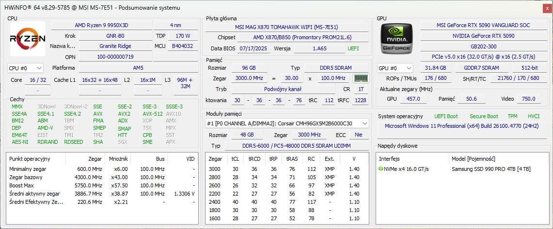 PC R9 9950X3D 96GB DDR5 SSD 4TB RTX 5090 32GB WIN11 1200W FV23%
