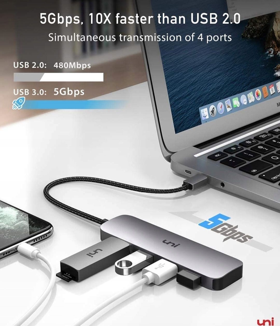 Uni USB C Hub 1 do 4 USB 3.0 Srebrny Aluminium