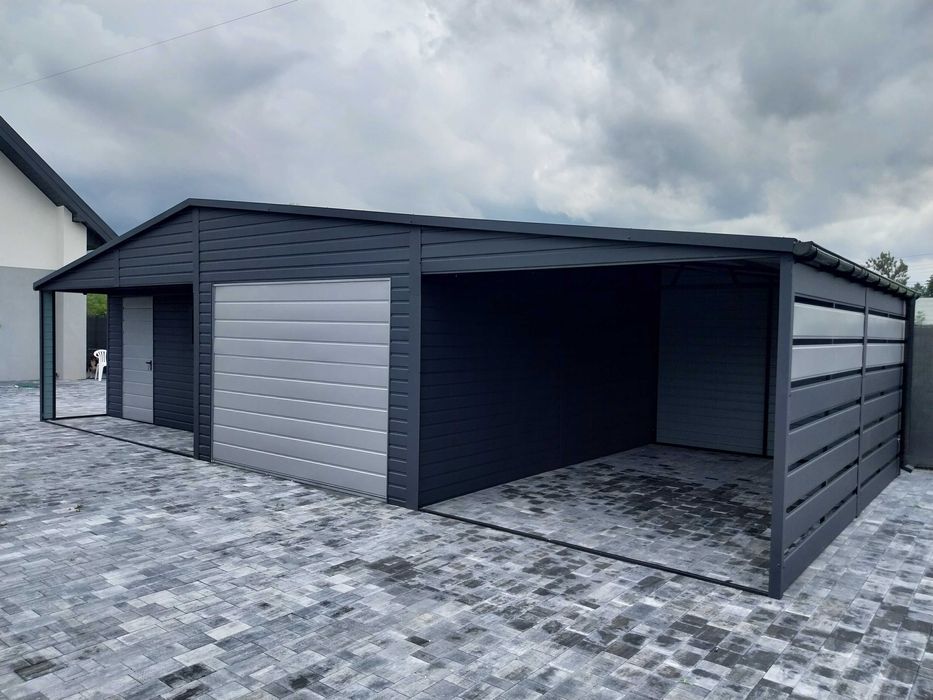 Nowoczesny garaż blaszany 12x6m z bramą segmentową wnęką oraz wiatą