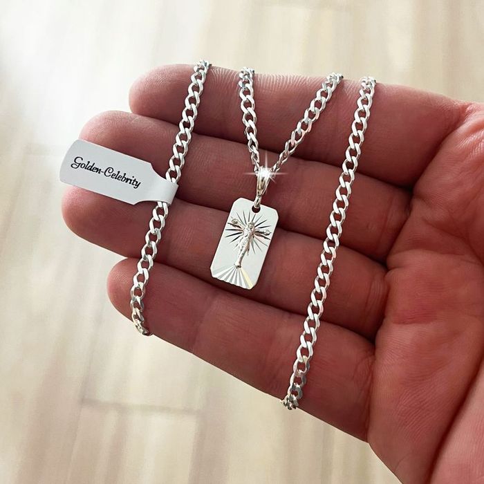 Srebrny Łańcuszek Komunijny Naszyjnik Pancerka + Medalik Jezus 925 + G