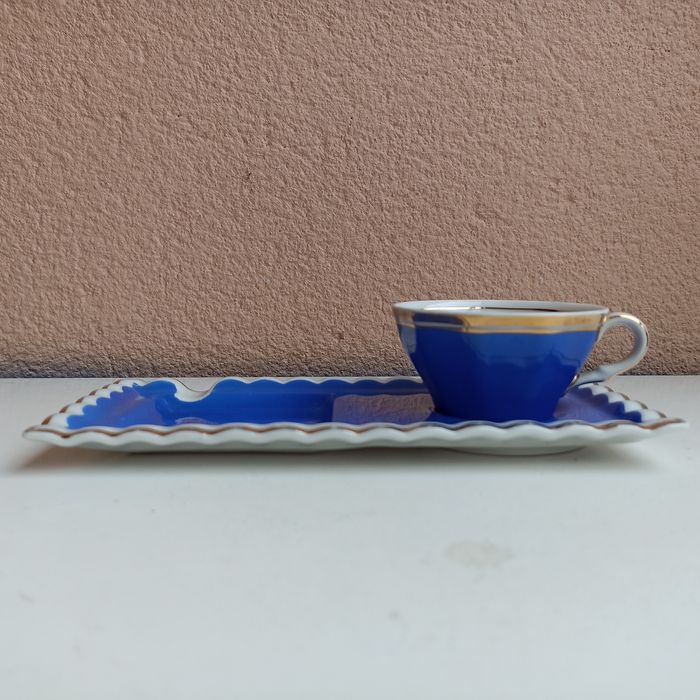 Conjunto raro chávena de café com bandeja cinzeiro em porcelana Candal