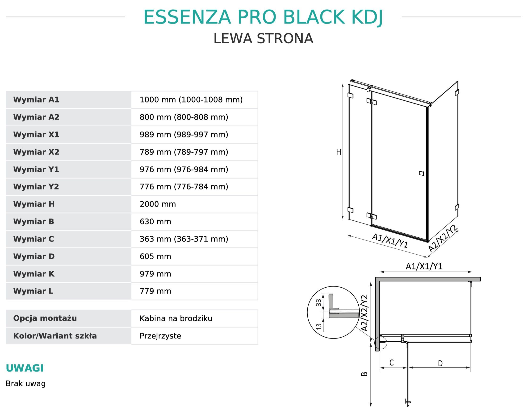 Kabina prysznicowa RADAWAY ESSENZA PRO BLACK KDJ 80x100