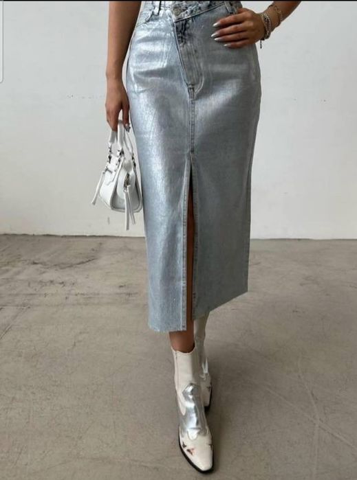 Джинсова довга спідниця,  металік, батал , 22 розмір, срібна спідниця