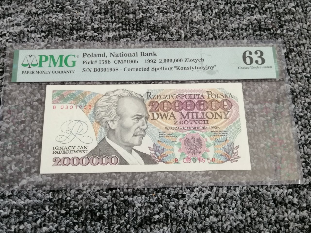Banknot prl 2 mln zlotych Paderewski, grading PMG 63