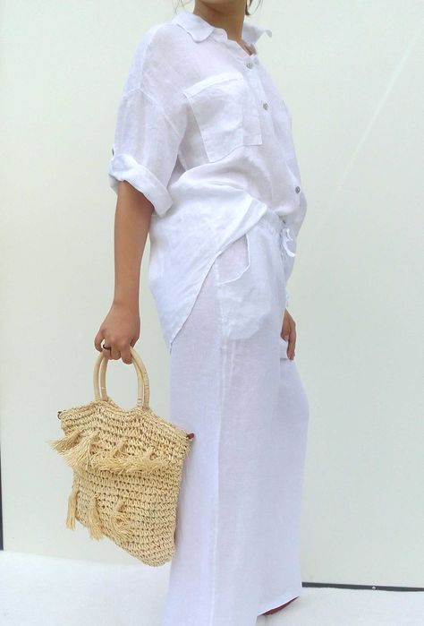 Nowa lniana biała koszula bluzka 100% len puro lino S M L uniwersalna