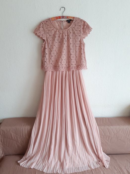 Nowa Długa sukienka plisowana top koronkowy pudrowy róż L XL