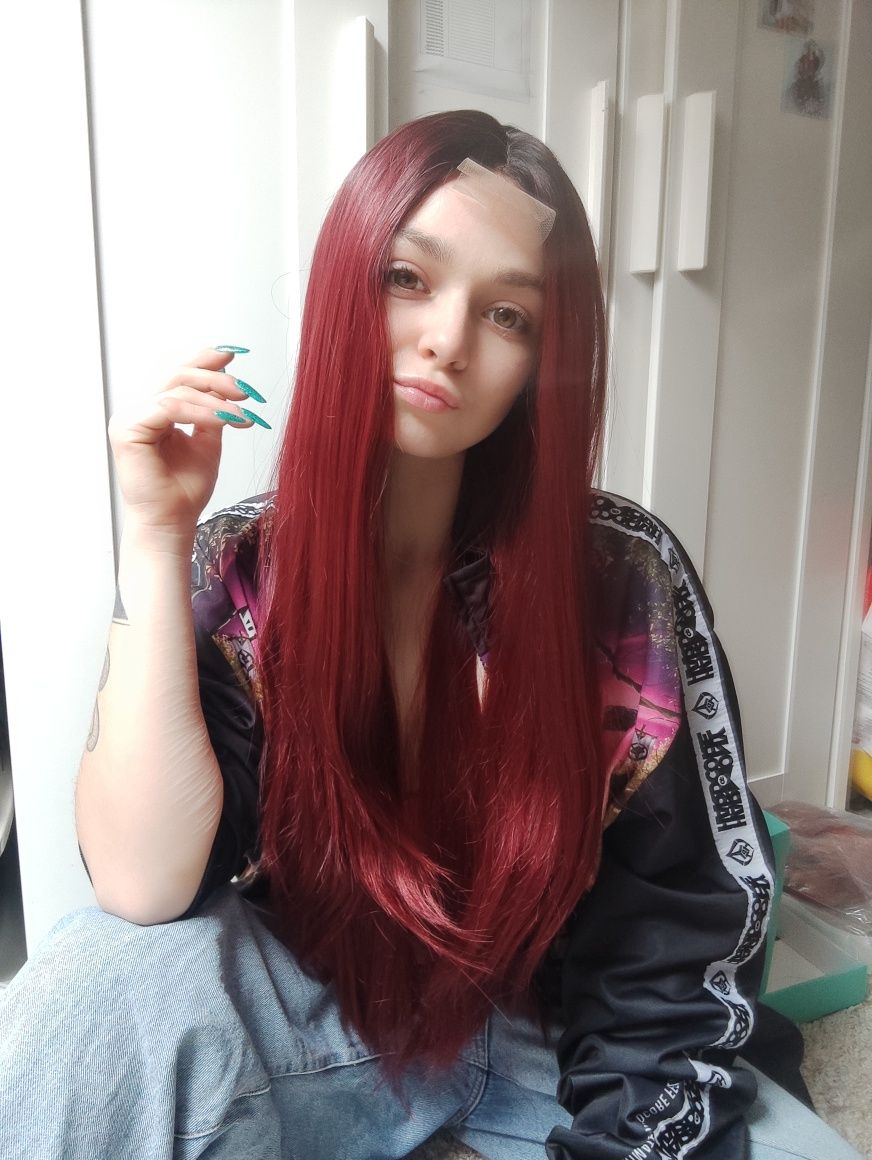 Peruka długa lace front gęsta bordowa ombre burgund sombre cosplay