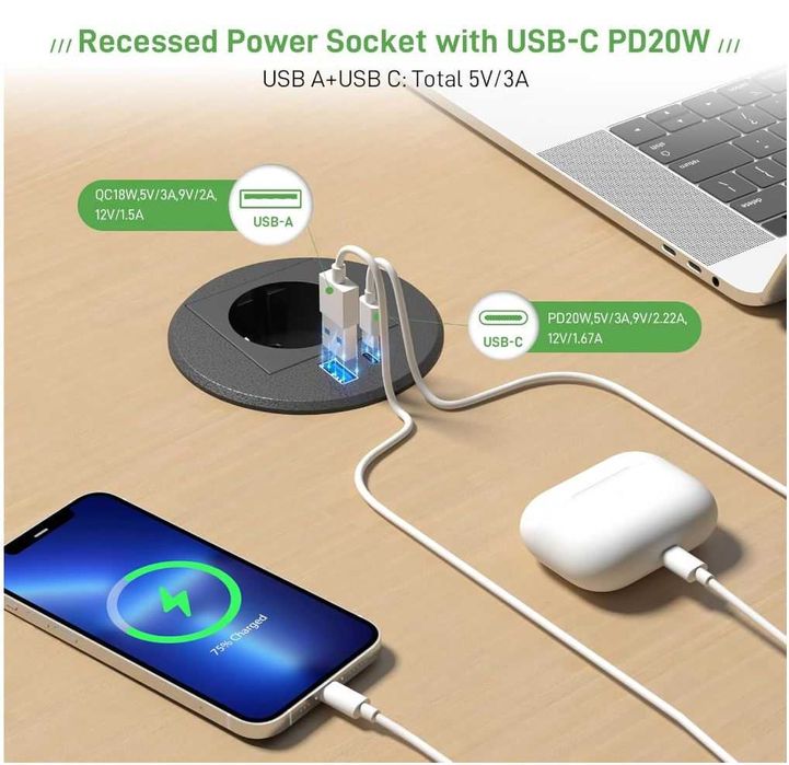 Wpuszczane gniazdko z USB-C PD20W, otwór 80 mm, kabel 2 m, czarne