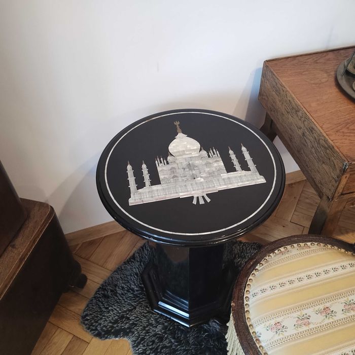 Stary marmurowy stolik kawowy Taj Machal macica perłowa czarny marmur