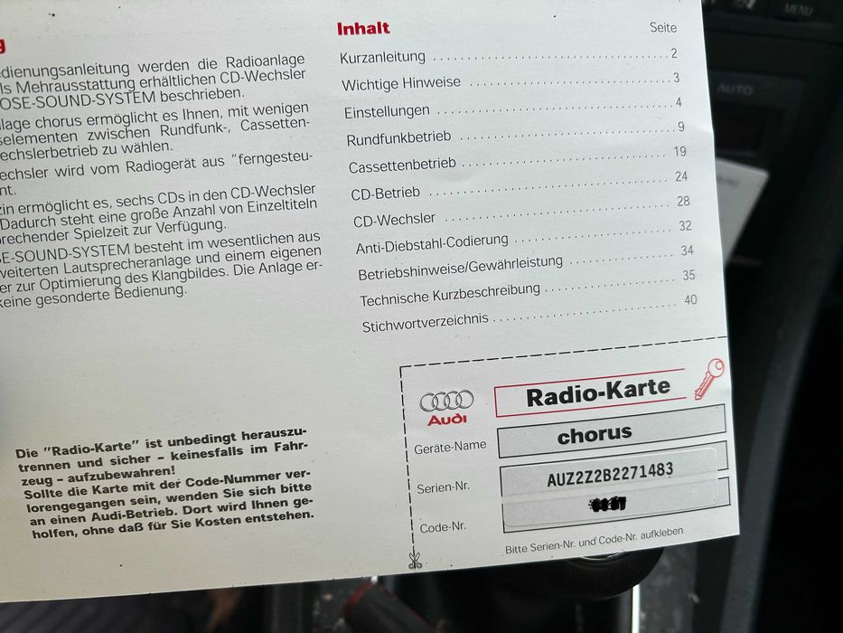 Audi A4 B6 Radio chorus 1 DIN 1DIN kaseta CC/CD + kod / wysylka