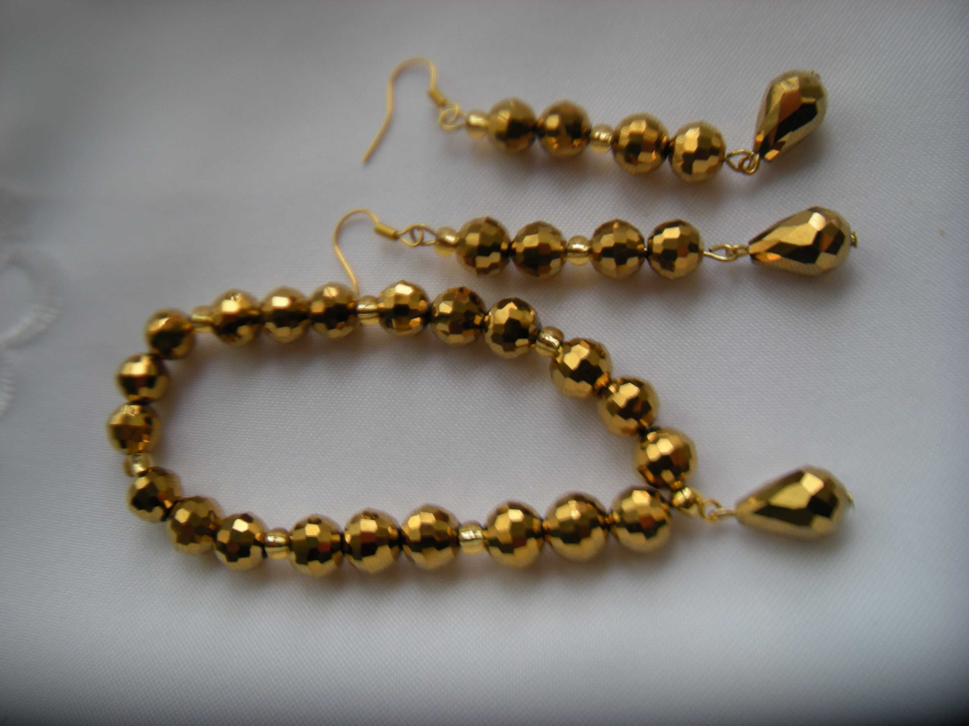 kolczyki długie 7,3cm i bransoletka 18cm złote kryształki