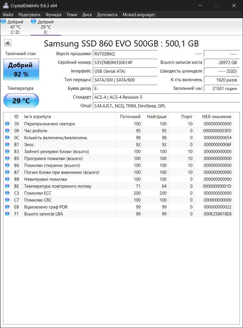 SSD 500Gb SATA 2.5 MLC Samsung 860 EVO MZ-76E500 89 - 92% здоров'я.