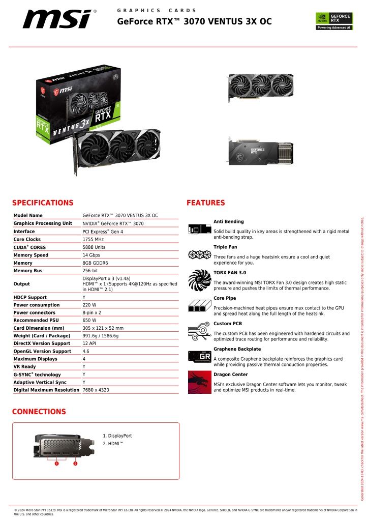 RTX3070 ventus 3x oc 8GB MSi