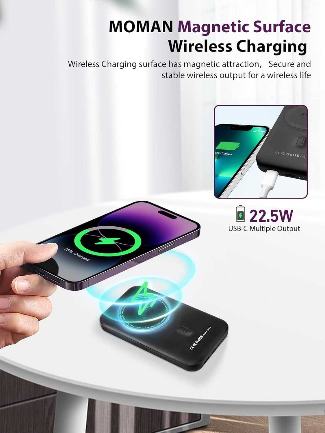 Moman MC1 Powerbank magsafe 5000mAh 15W iPhone 16/15/14/13/12 latarka