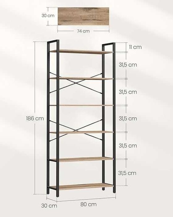 Nowy 6-poziomowy regał na książki ze stalową ramą. 30 x 80 x 186 cm