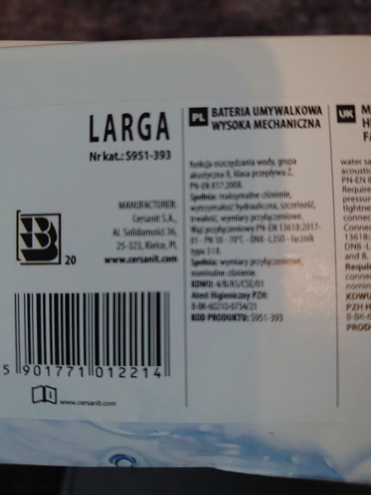 Bateria umywalkowa larga wysoka nowa