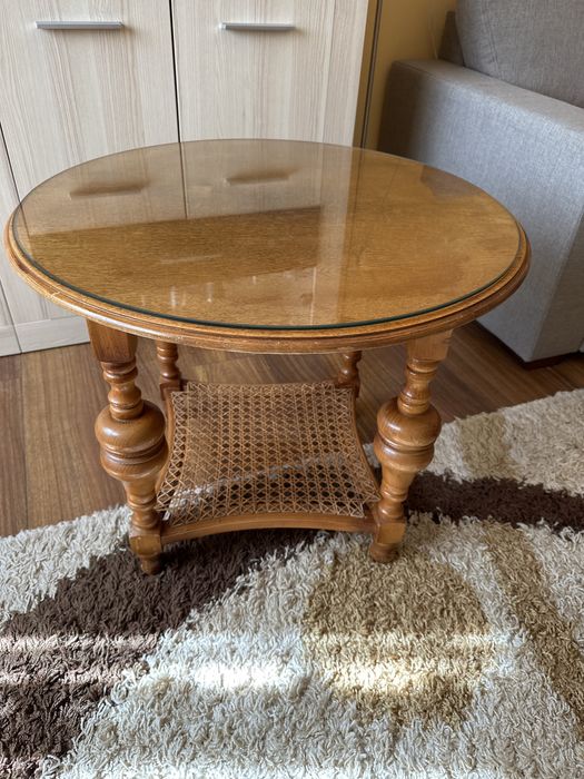 Stolik okragly debowy vintage z szyba