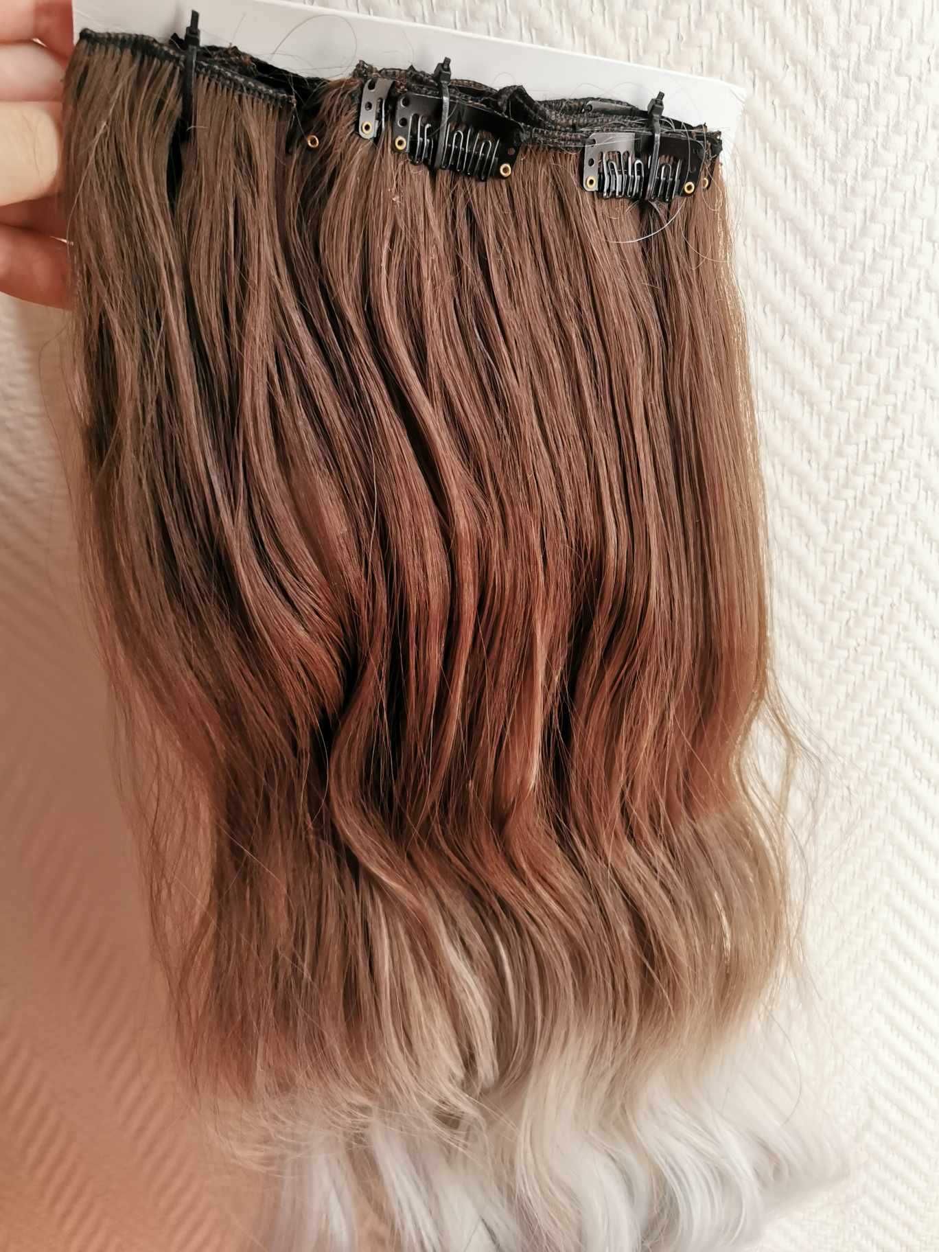 Doczepiane włosy clip in 65 cm ombre brąz srebro