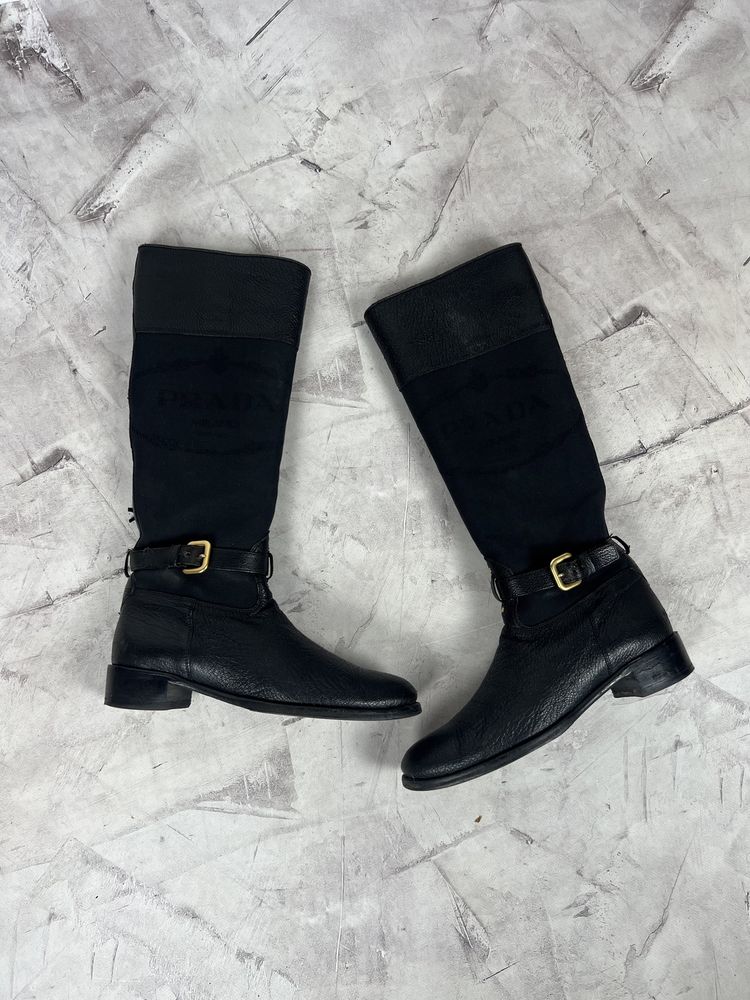 Prada milano jacquard logo leather high boots