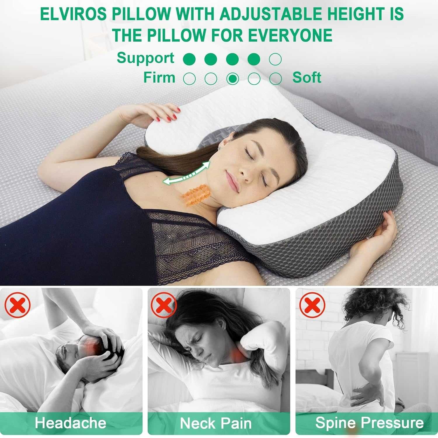 ELVIROS CERVICAL poduszka ortopedyczna do spania szaro biała 54x36cm
