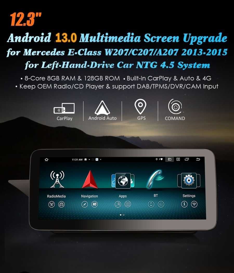 Auto Rádio  Android 13 Classe B W246 e Classe E W207 12.3" (2 Portas)