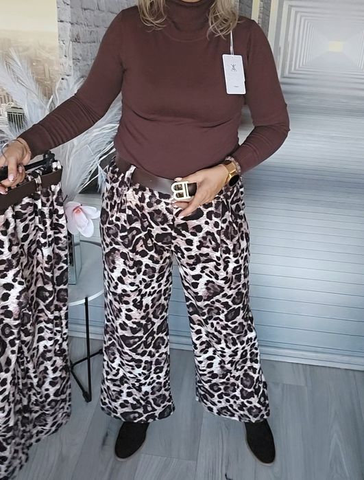 Szerokie spodnie panterka milutki ciepły materiał