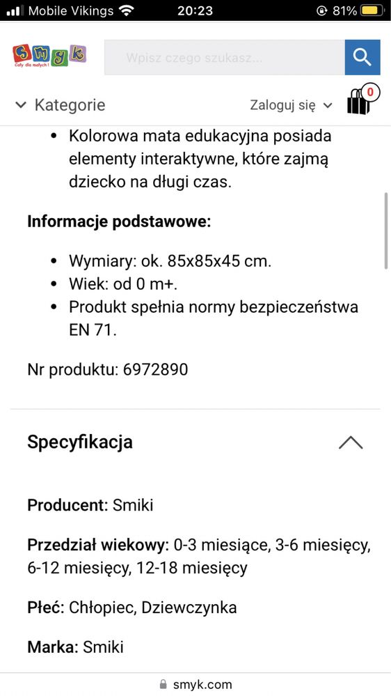 Mata sensoryczna edukacyjna smyk z pałąkami