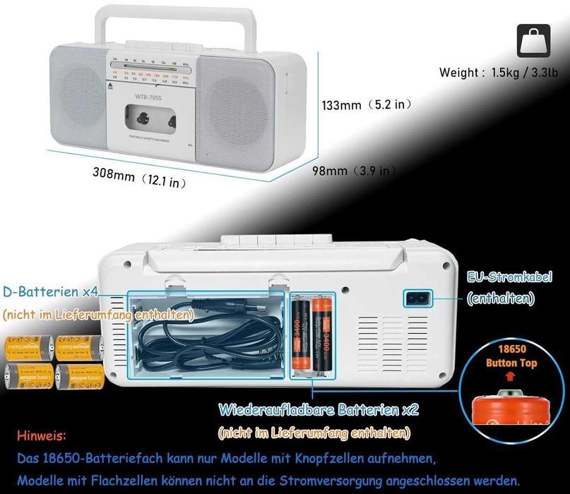 Odtwarzacz Kasetowy Retro USB/Bluetooth/AM/FM Przenośny Odtwarzacz MP3