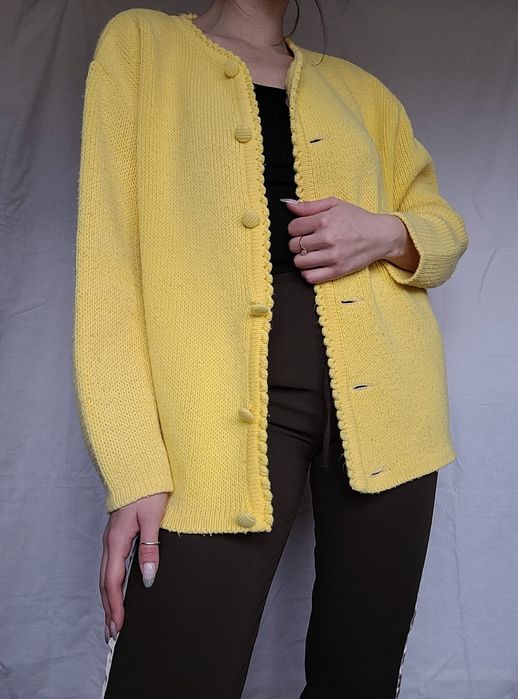 Żółty kanarkowy sweter na guziki kardigan 38 M oversize vintage