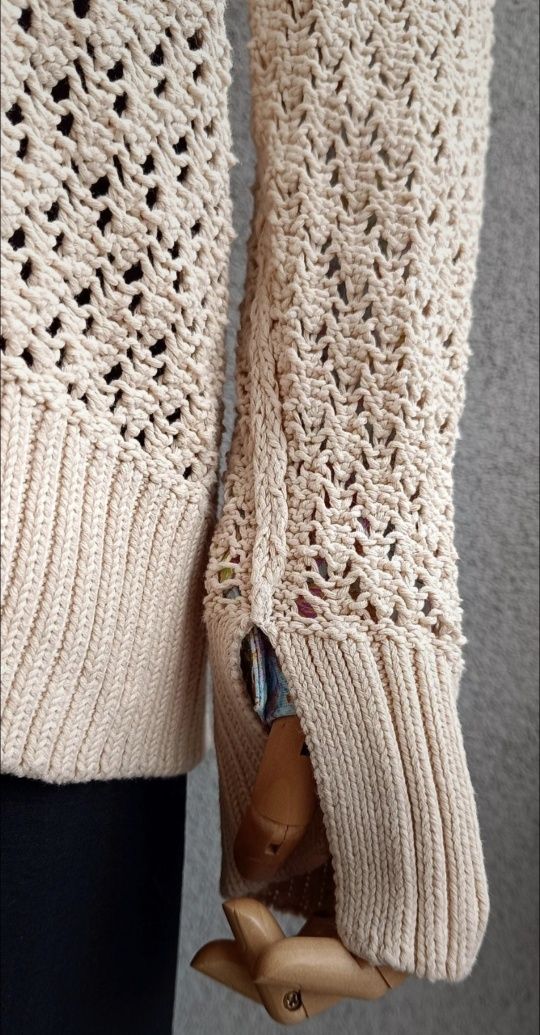 Sweter kardigan biust 46x2 M L beżowy vintage ażurowy bawełna