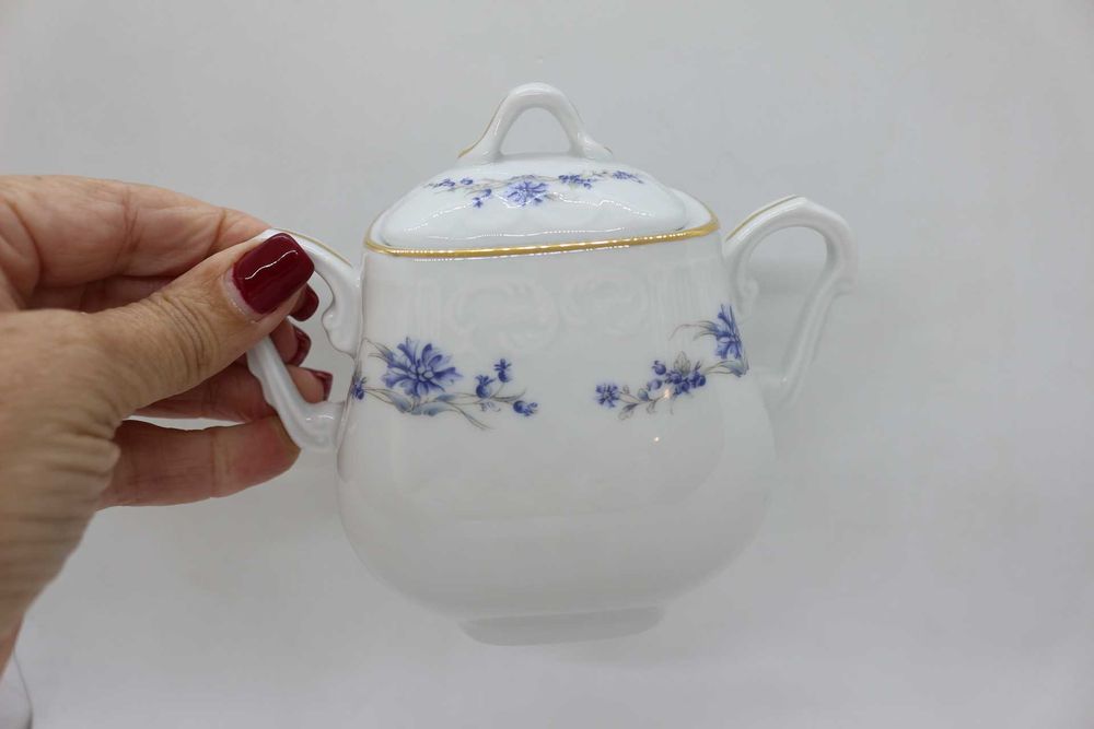 Açucareiro Moldado Flor Azul e Cinza Fio a Ouro Vista Alegre 1992