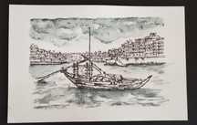Desenho a Aguarela ponte da Arrábida com barco rabelo Porto