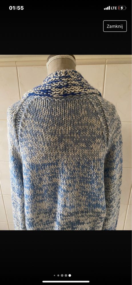 Sweter kardigan biało niebieski handmade