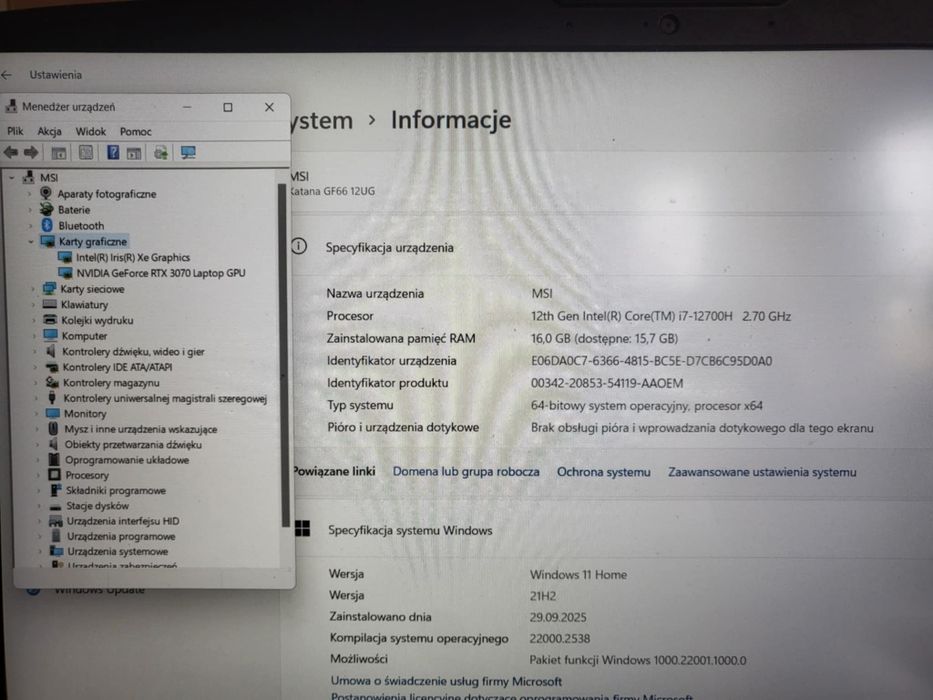Laptop gamingowy rtx MSI KANATA GF66 RTX 3070 I7-12700h