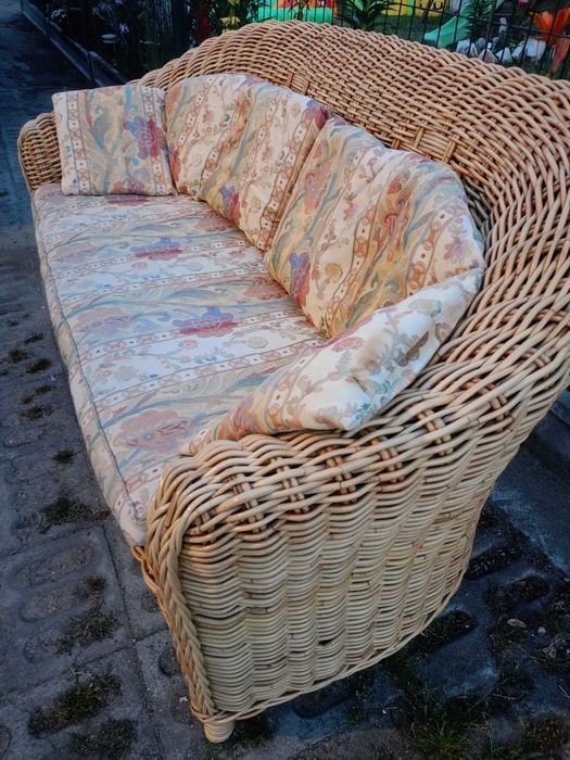 Kanapa Sofa rattanowa naturalny oplot GRUBY poduszki dwuosobowa rattan
