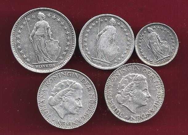 LOTE  5   Moedas   Suissa e Holanda Datas e Valores diferentes  Prata