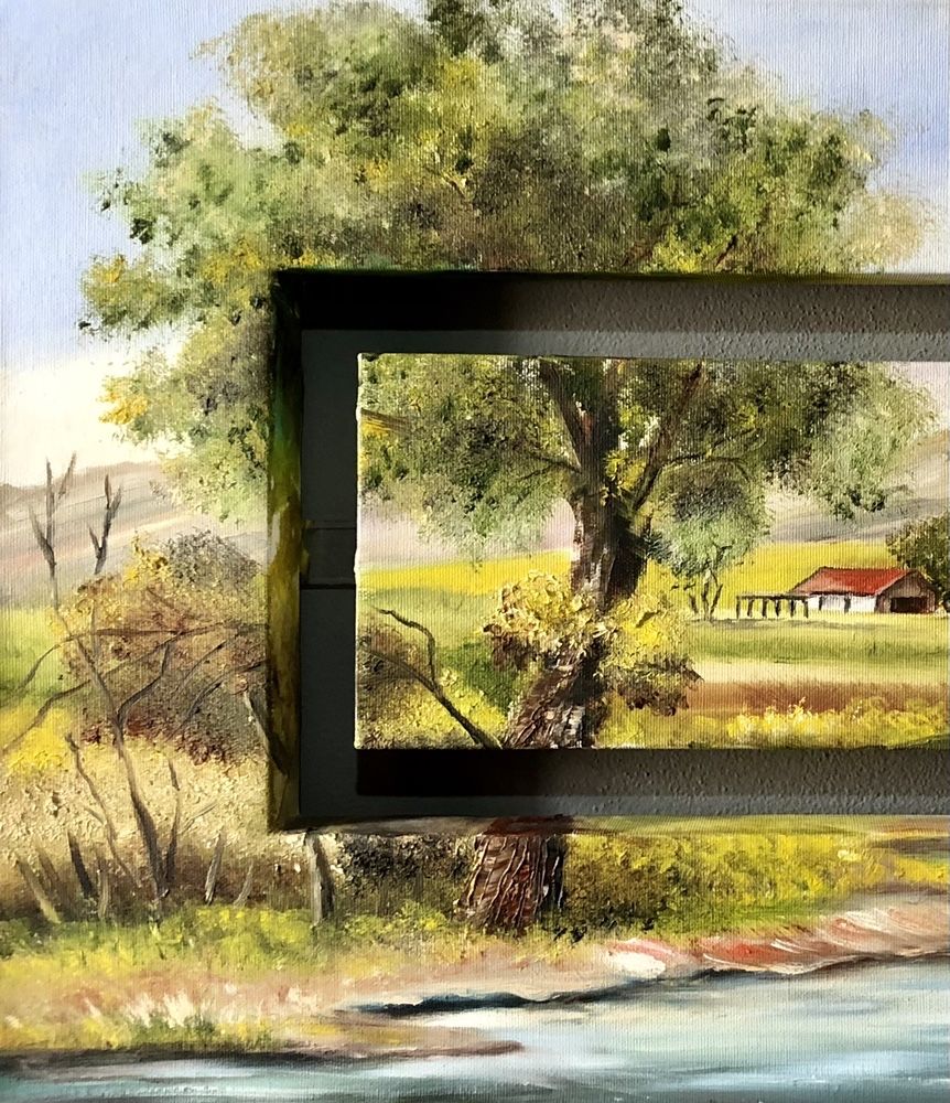 Quadro Tela Yvone Original Assinado Motivo “Paisagem Riacho e Casa”