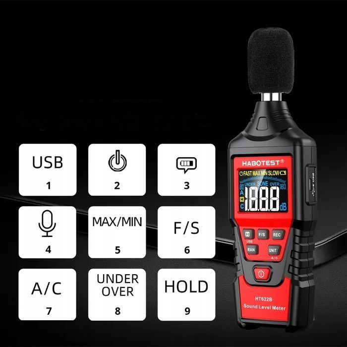 Decybelomierz Sonometr Miernik Hałasu A/C USB 30-130 Db 125ms Wykres