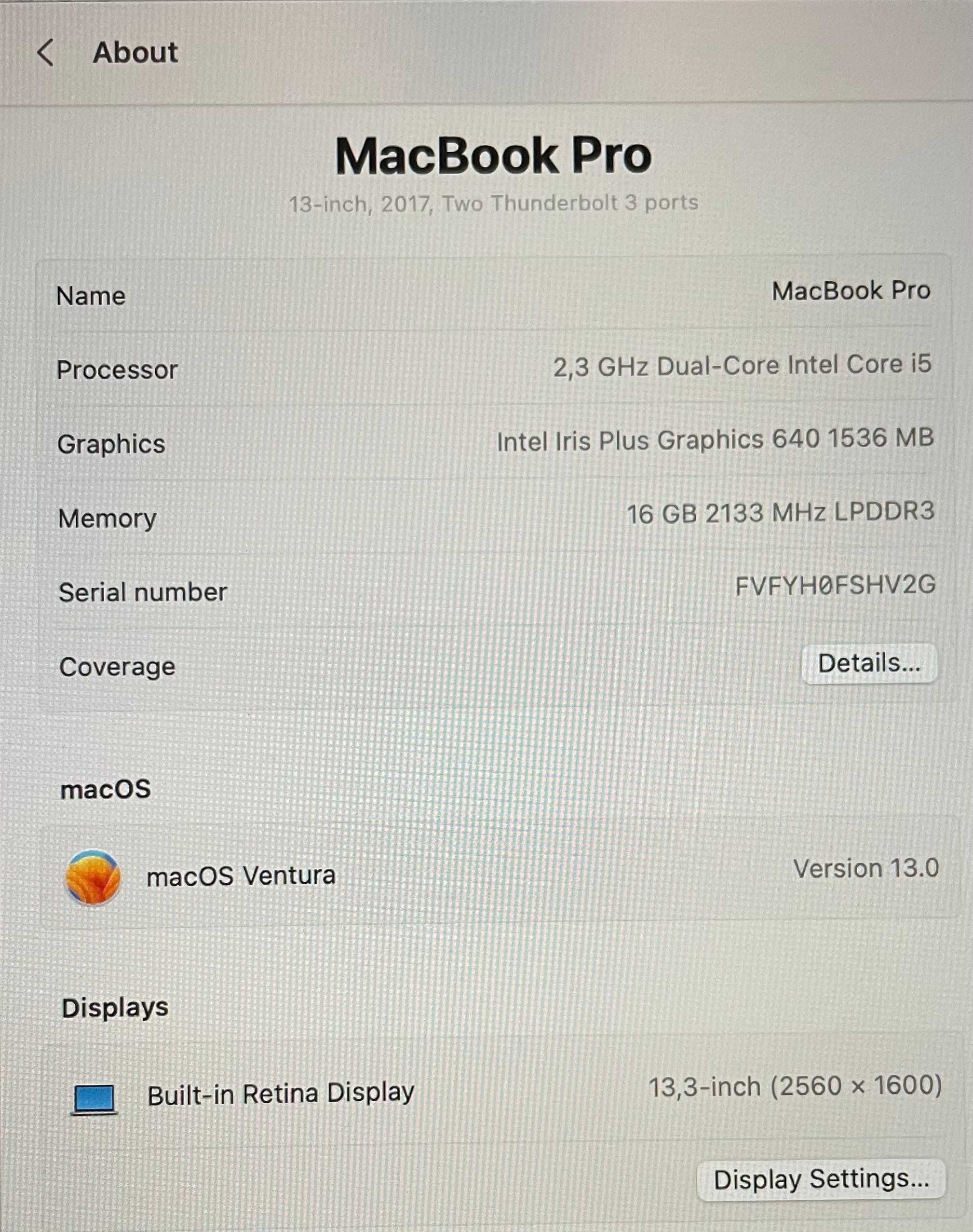 Macbook pro 13” (2017) / 16gb de ram / 250gb SSD / Bateria nova