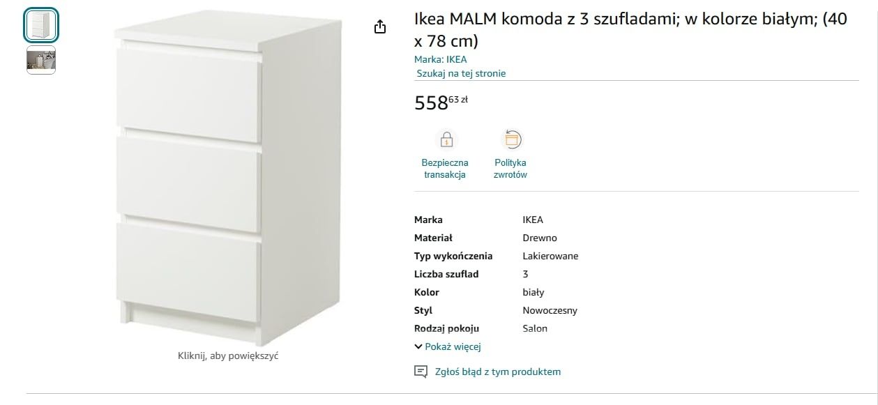 Beżowe szafki Ikea Malm z trzema szufladami