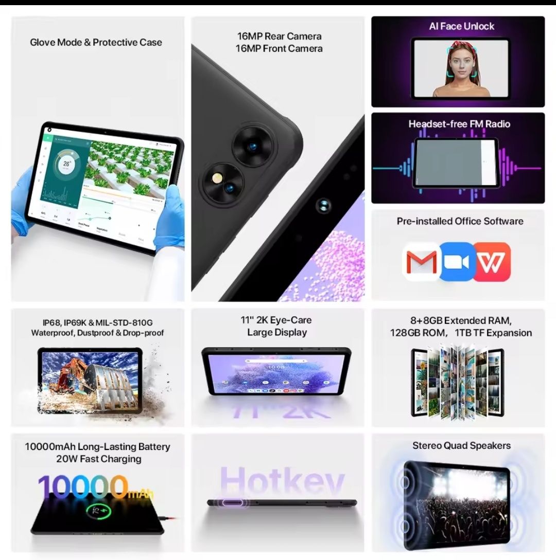 Umidigi Active T1 8/128 LTE 11" 10000mAh GPS IP68/69 Захищений планшет