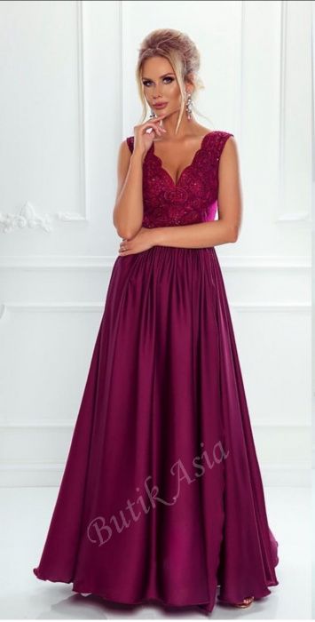 Sukienka maxi długa bordowa burgundowa 42/XL koronkowa wesele dekolt