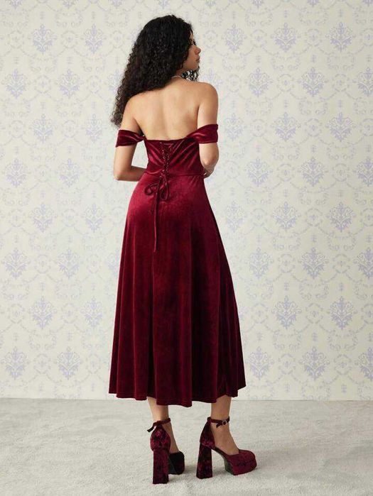 Бордова оксамитова весільна корсетна готична сукня на шнурівці L-XL