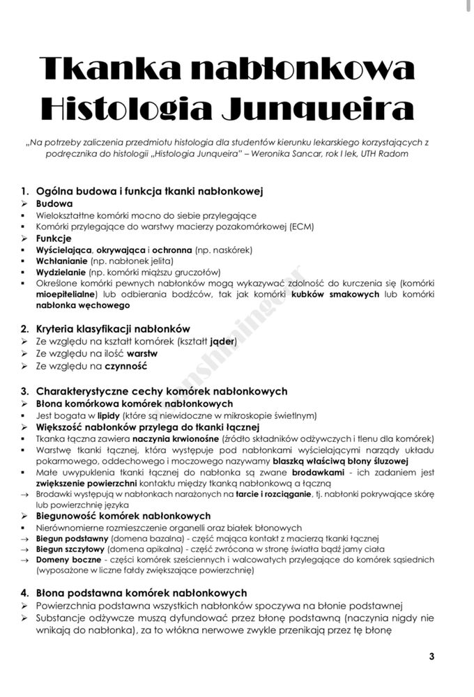 Notatki Histologia Junqueira Medycyna Lekarski