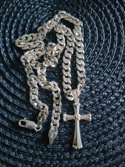 Srebrny Łańcuszek/stan idealny/925 Pancerka Pełna z Krzyżykiem Argmeta