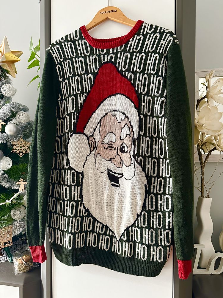 Sweter swiąteczny z Mikołajem, L, ciemnozielony, Easy, ciepły