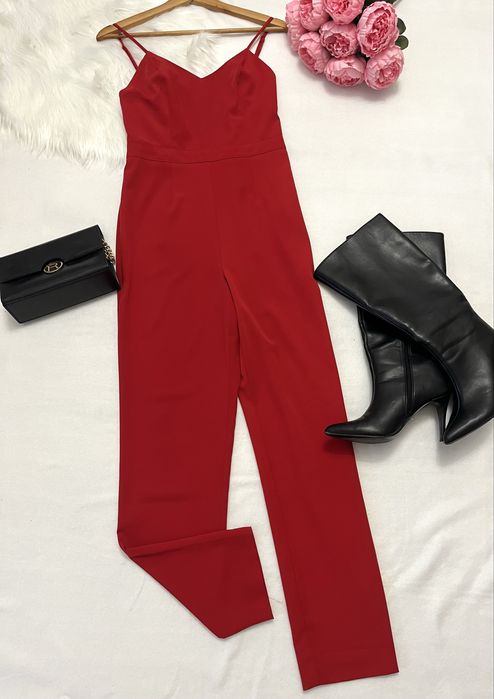 Czerwony Długi Kombinezon Elegancki Gładki Wizytowy Na Wesele S