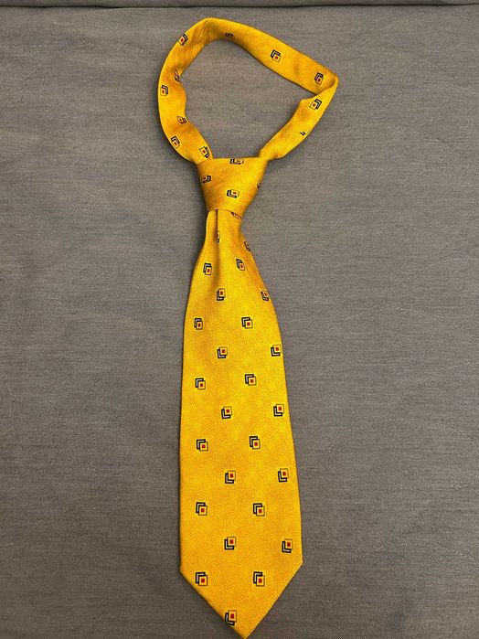 Krawat męski szeroki Crystal musztardowy żółty złoty w cętki jedwab