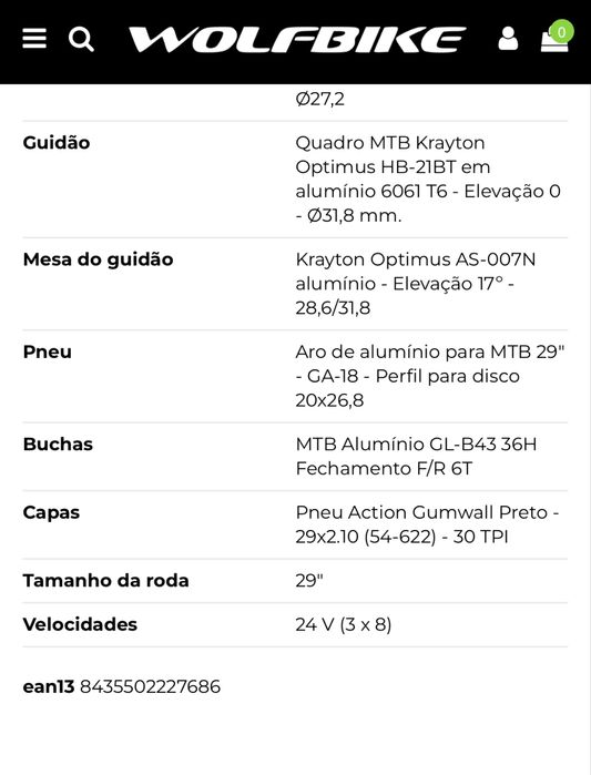 Bicicleta BTT roda 29 wolfbike XL