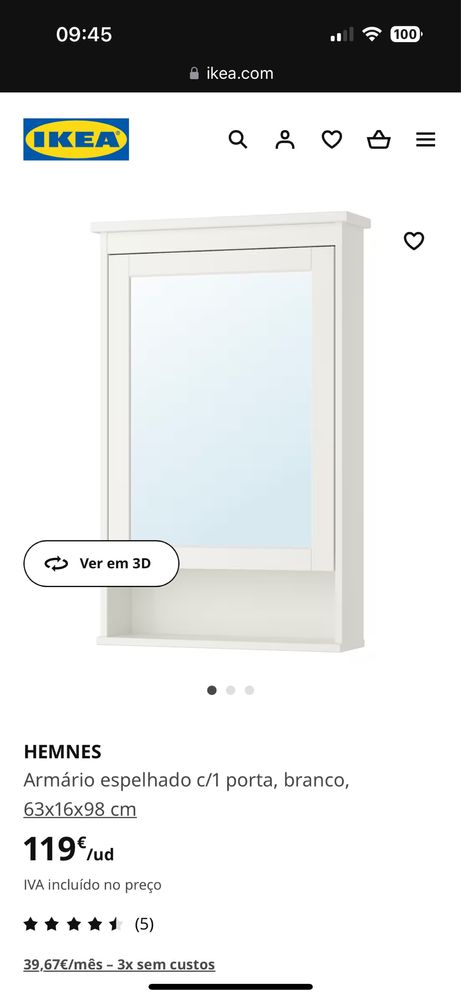 HEMNES Armário espelhado c/1 porta, branco, 63x16x98 cm